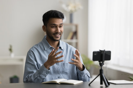 Cheerful excited young Indian blogger recording selfie video on mobile phone, speaking at cellphone...
