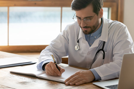 Focused doctor wearing glasses writing illness history, sitting at workplace in hospital, serious man gp therapist wearing white coat uniform with stethoscope filling patient card, paperworkの写真素材