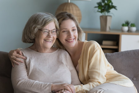 Happy joyful pretty adult granddaughter girl and old 80s grandmother hugging, holding hands,...