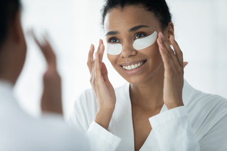 Smiling biracial young woman look in mirror in bathroom apply use under eye patches in bathroom, happy african American female do daily facial routine in bath for healthy skin, skincare treatmentの写真素材