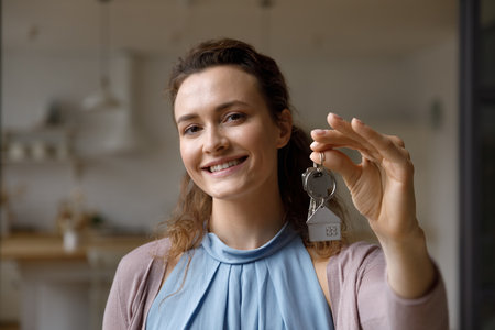 Friendly realtor offering house buying, mortgage, real estate service. Happy house buyer, tenant girl showing keys for new home at camera. Landlady, homeowner, agent offering property for rentの写真素材
