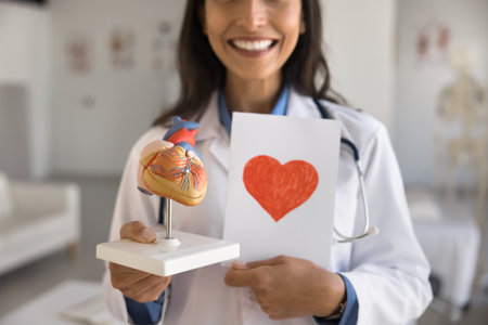 Happy black haired doctor woman holding paper card with drawn heart and model of body organ. Young cardiologist offering heart checkup, cardio disease examination. Cropped close up shotの写真素材