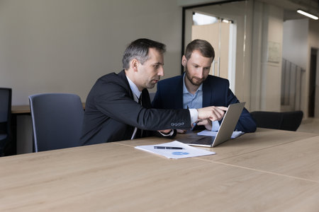 Two office employees using laptop, engaged in teamwork in office, mentor explain to newcomer,...