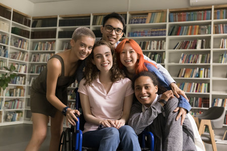 Portrait of five diverse schoolmates in library. Girl with physical disability sit in wheelchair...