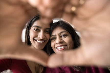 Happy beautiful adult Indian daughter girl and positive mature mom looking at camera through finger...