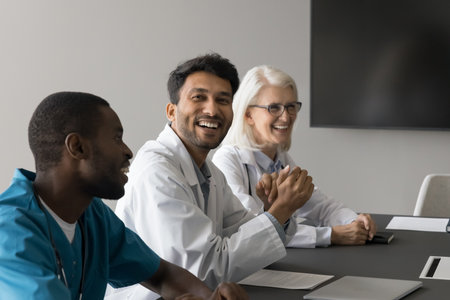 Multiethnic doctors laughing engaged in pleasant conversation seated at table in meeting room, lead discussion, share humorous or insightful comment, take part in group medical team meeting or seminarの写真素材