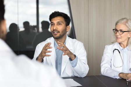 Millennial Indian male doctor speaking, sharing insights, presenting information during group...