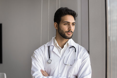 Arabic male doctor standing with arms crossed, wear coat with stethoscope around his neck, look pensively out window, contemplate medical case, diagnosis, or treatment plan. Healthcare worker portraitの写真素材