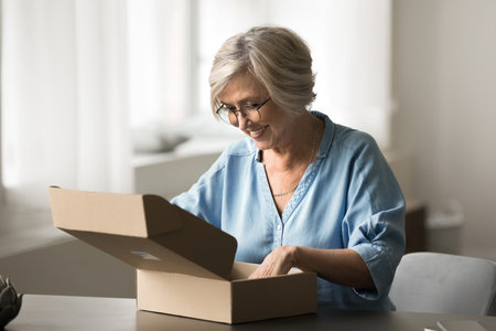Older woman open cardboard box with look of anticipation and happiness, received package with items ordered online or surprise gift from family. Modern technology, on-line shopping, marketplace clientの写真素材