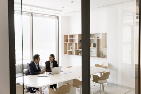 Young Indian woman agent broker consult businessman client offer real estate investment program discuss life insurance policy terms conditions. Two businesspeople work together in modern agency officeの写真素材