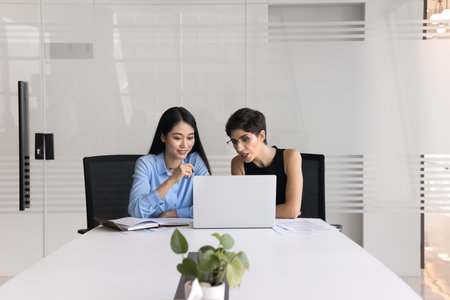 Two diverse business professional women working on project at laptop together, talking on video call, discussing online startup presentation, cooperation, partnership, sitting at office meting tableの写真素材