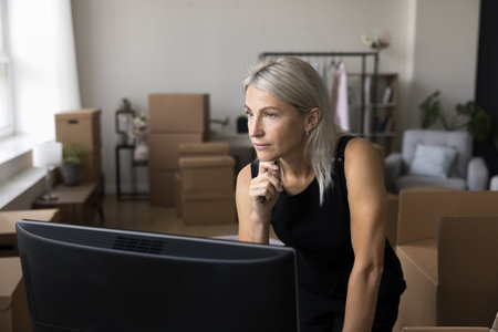 Busy old woman webshop owner ponder on optimal logistics of internet orders transportation...