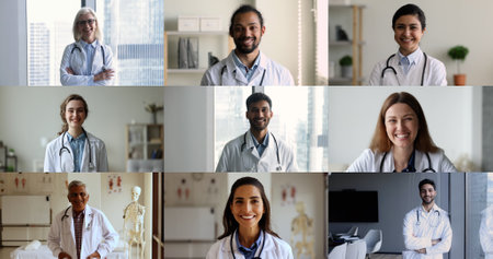 Group of different race and age doctors in uniform look at camera, head shot. Collage of young and mature multinational physicians professional posing in clinic office. Medicine, insurance, telehealthの写真素材