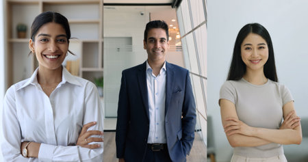 Indian and Asian businesspeople pose in workspace staring at camera. Collage of three successful...