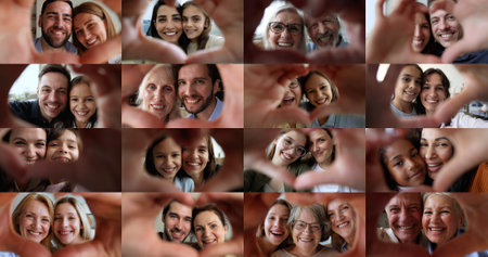 Collage of different age and race people, loving couples, family with children, celebrate Happy Family Day, express care, feel unconditional love look at camera, showing heart symbol, close up facesの写真素材