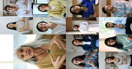 Vertical view, multiple videos collage of different generation and ethnicity people listening speech of smiling mature Venezuelan woman. Worldwide on-line communication use videoconference applicationの写真素材