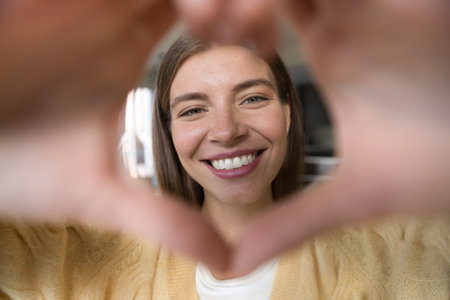 Beautiful woman staring at cam through joined fingers showing heart symbol. Close up face of female, revealing white perfect teeth, advertises professional dental services clinic. I Love You meaningの写真素材
