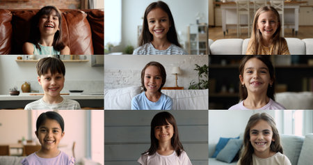 Collage of little children, cute boys and girls start video call use app at home, enjoy conversation to family or friends, recording new videovlog for channel. Blogging, younger generation using techの写真素材