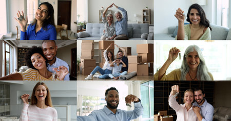 Multiple videos, collage of multi-ethnic young, mature people, families celebrate relocation day to own or rented house smile looking at camera showing bunch of keys. New house, bank loan, investmentの写真素材