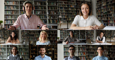Multiple videos collage, diverse students take part in videoconference in campus library, prepare for exams together, share skill and knowledge, e-learning using worldwide communication applicationの写真素材