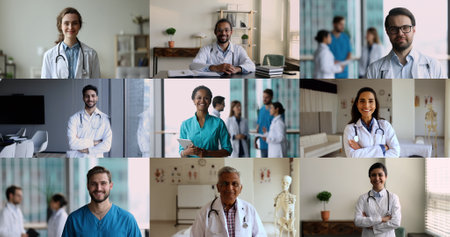 Portraits of different age and race medical workers, cardiologists, interns and nurses in uniform smile look at camera posing in clinic office. Professional occupation, medicine, health-care collageの写真素材