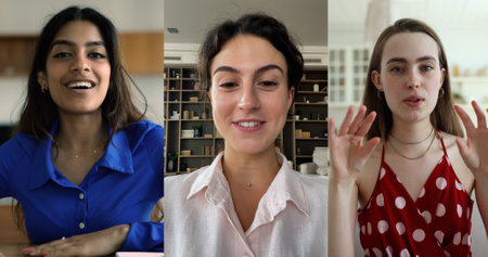 Three beautiful multiethnic women, friends welcoming each other start video call share news, lead conversation, enjoy friendship, communication use videoconference application, multiple videos collageの写真素材