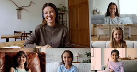 Multiple videos collage, on-line tutor and group of multiethnic kids take part in videocall, studying distantly, take part in remote class with friendly teacher. Virtual, meeting, e-study, modern techの写真素材