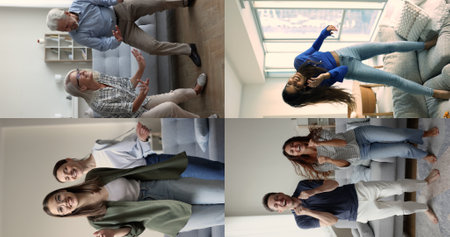 Vertical videos collage view, cheerful diverse people, young and mature couples having fun at home, dancing to favourite music in cozy living room, enjoy active leisure, feel overjoyed. Family weekendの写真素材