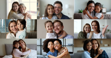 Multiple videos, collage of loving families with children sit on couch at home smile look at camera. Portrait of video call event participants, application usage, family day celebration, ties and bondの写真素材