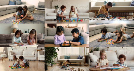 Videos collage, kids spend time at home, play boardgame, wooden blocks, drawing picture with pencils, enjoy playtime and communication with best friend, cousins or sibling. Leisure, development, hobbyの写真素材