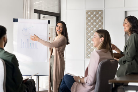 Brazilian female business coach making flip chart presentation for corporate staff members gathered...