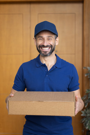 Positive middle aged courier man in blue uniform cap holding logistic cardboard box, looking at camera with toothy smile, posing for portrait, standing at home front door. Vertical shotの写真素材