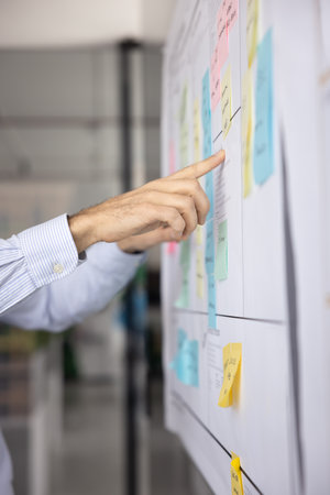 Hands of two businessmen working on project tasking, pointing at scrum board with colorful sticky...