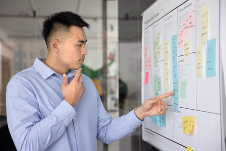 Serious pensive Asian product manager analyzing market at business model canvas board, reviewing colorful sticky notes, thinking on project strategy, pointing finger at whiteboardの写真素材