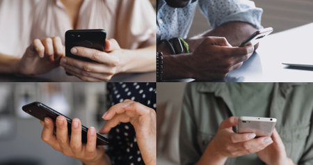 Close up collage, hands variety of people using their devices interacting with smartphones, Digital connection, communication through mobile technology, integration of modern tech into daily routinesの写真素材
