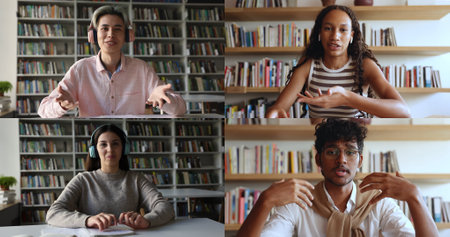Split-screen collage four multiethnic students engaged in online class in library, talking, sit at...