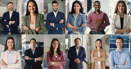 Collage of different businesspeople posing with arms-crossed indoors, looking at camera with joyful expression, exuding optimism, self-assurance and competence. Business, professionalism, diversityの写真素材
