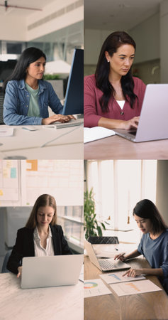 Group of young attractive multiethnic businesswomen working on laptop, collage view. Four female professionals sitting at workplace desk, doing analytics work, engaged in workflow using modern techの写真素材