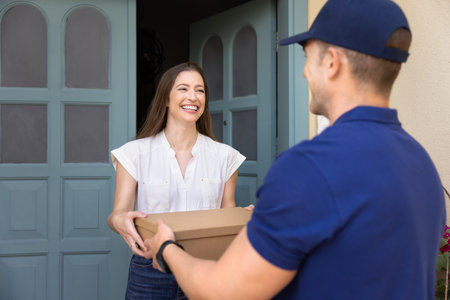 Happy woman get parcel with bought items online or gift from friend standing on porch. Courier in uniform giving package box to client. Customer satisfaction, doorstep delivery services convenienceの写真素材