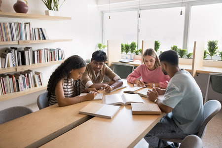 Working on group project. Diverse multiracial gen z students teammates gather at library to collaborate on scientific research study literature together take notes brainstorm ideas discuss insightsの写真素材