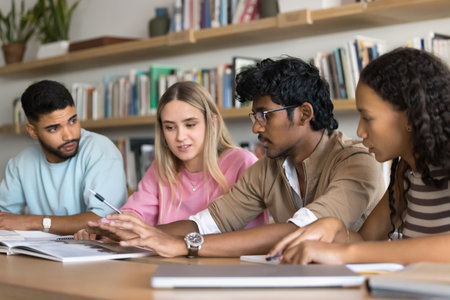 Group study and informal leadership. Smart teenage guy sit at desk in library speak to diverse multicultural classmates students read passage from book propose idea to discuss guide team with insightの写真素材