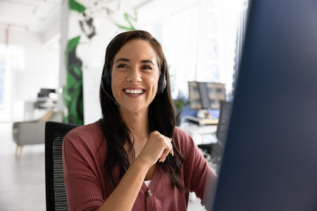 Inspired by helping customers. Happy motivated millennial woman client support specialist personal...