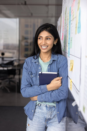 Happy dreamy young Indian employee woman in casual clothes standing at Kanban board, looking away...