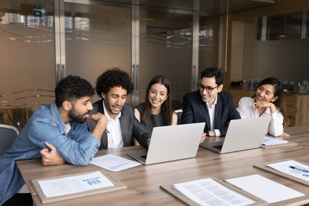Synergy effect. Happy friendly diverse research department finance analysts software developers...