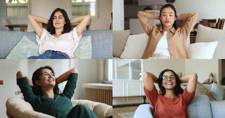 Collage of young multinational women relaxing on couch with hands behind head, keep calm, take break during daytime seated on comfortable sofa in modern living room. Rest, no stress, fatigue relieveの写真素材