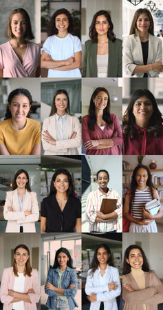 Group of young beautiful multiethnic women dressed in casual and formal wear posing indoor looking at camera, multiple grids, collage view. Independence, feminism, empowerment, professional successの写真素材