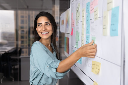 Smiling Latina professional woman placing sticky notes on large planning board, engaged in strategic planning, creative brainstorm session or workflow organization. Project management in modern officeの写真素材