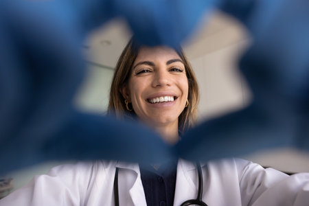 Face of happy beautiful Latin female doctor in finger heart shaped frame. Medical professional looking at camera with toothy smile, showing sign on love, kindness. Close up of hands in rubber glovesの写真素材