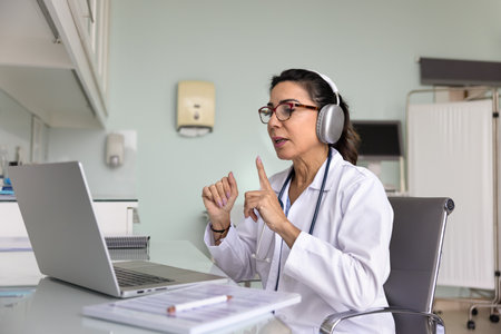 Mature 60s female doctor in coat conduct virtual consultation with clinic patient via videocall, sits at desk with laptop. Telemedicine application, healthcare services remotely, digital communicationの写真素材