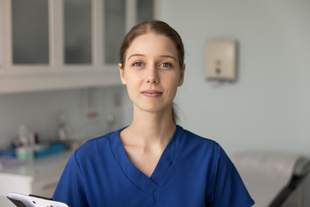 Positive young clinic worker woman in blue scrubs posing in exam room, standing for profile...